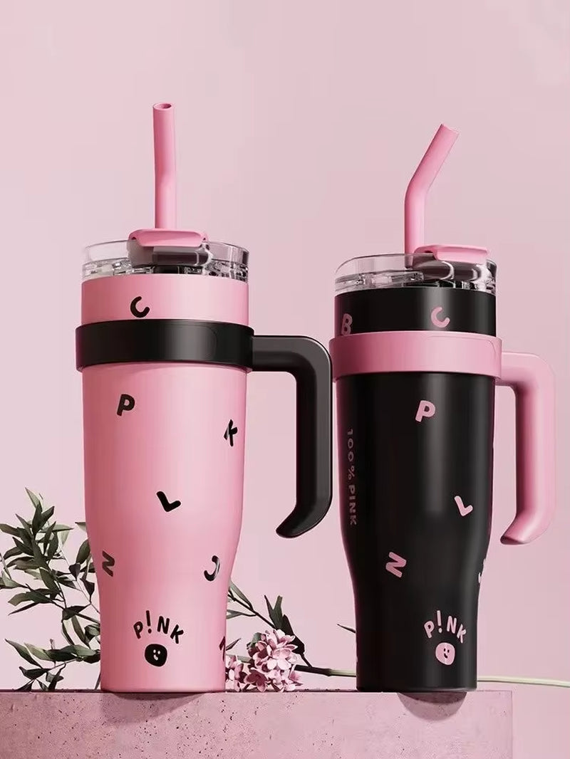 Kpop Black and Pink Water Bottle Stainless Steel Tumbler with Handle Straw Cup Portable Car Coffee Mug 1250Ml