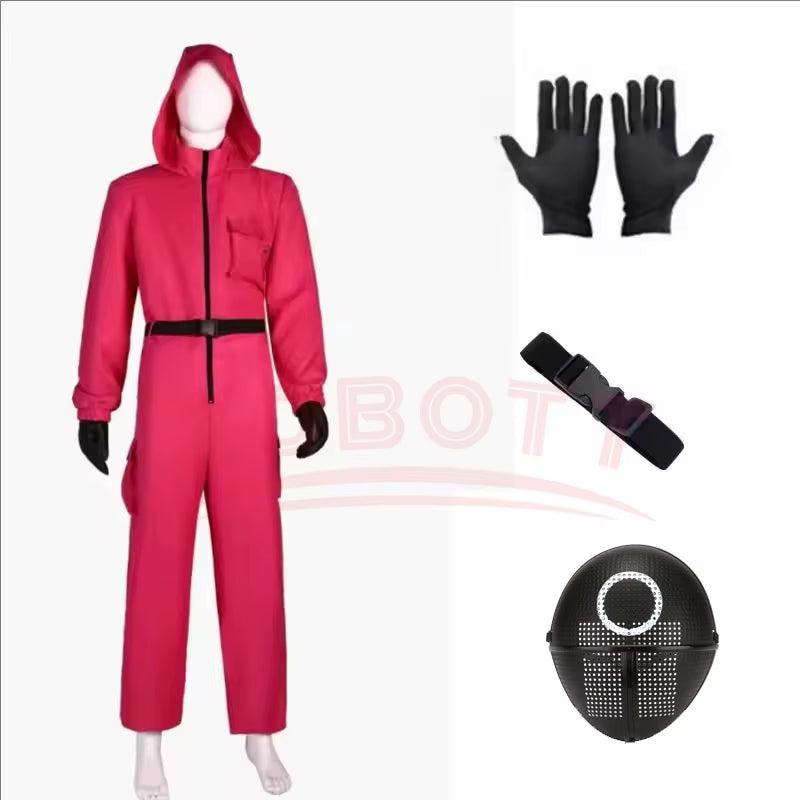 Squid Costumes Game Red Calamari Game Jumpsuit Cosplay Party Tracksuit Outfits Props Role Play Classic Belt Full Mask Set