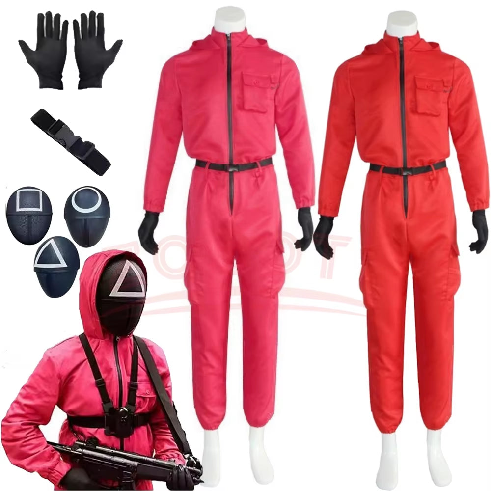 Squid Costumes Game Red Calamari Game Jumpsuit Cosplay Party Tracksuit Outfits Props Role Play Classic Belt Full Mask Set