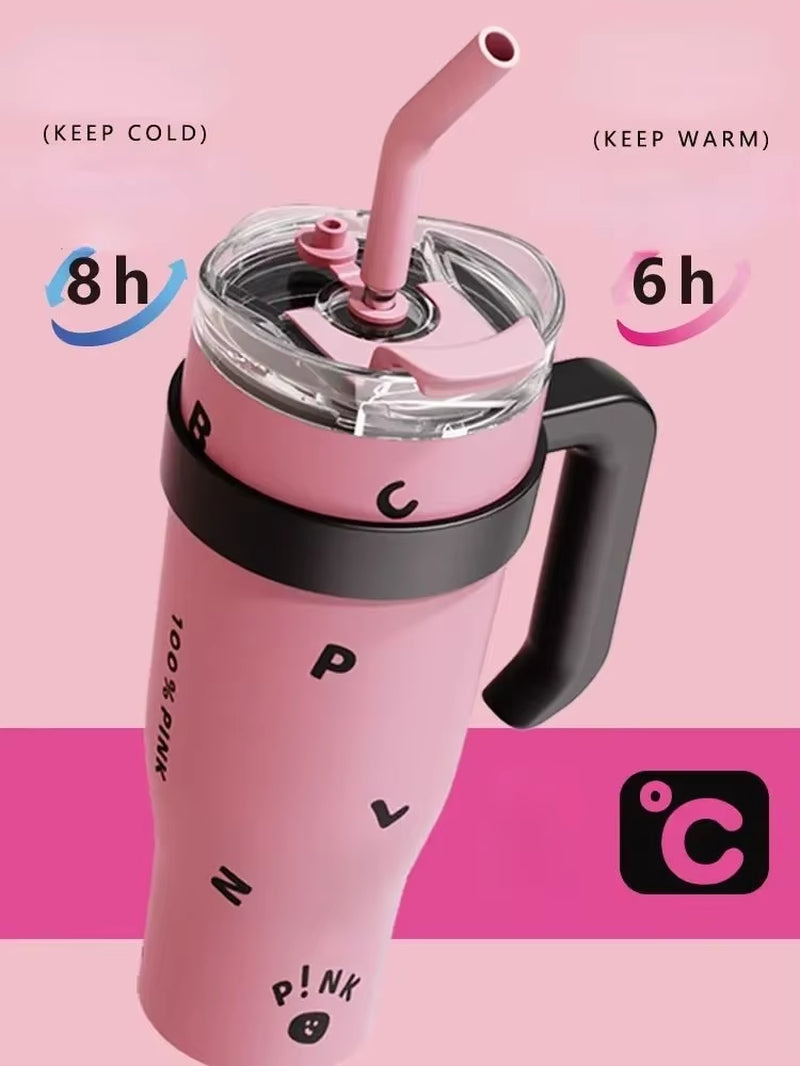 Kpop Black and Pink Water Bottle Stainless Steel Tumbler with Handle Straw Cup Portable Car Coffee Mug 1250Ml