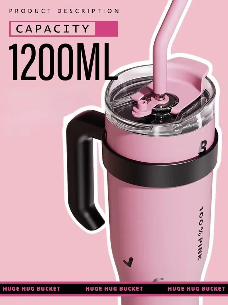 Kpop Black and Pink Water Bottle Stainless Steel Tumbler with Handle Straw Cup Portable Car Coffee Mug 1250Ml