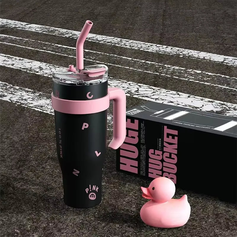 Kpop Black and Pink Water Bottle Stainless Steel Tumbler with Handle Straw Cup Portable Car Coffee Mug 1250Ml