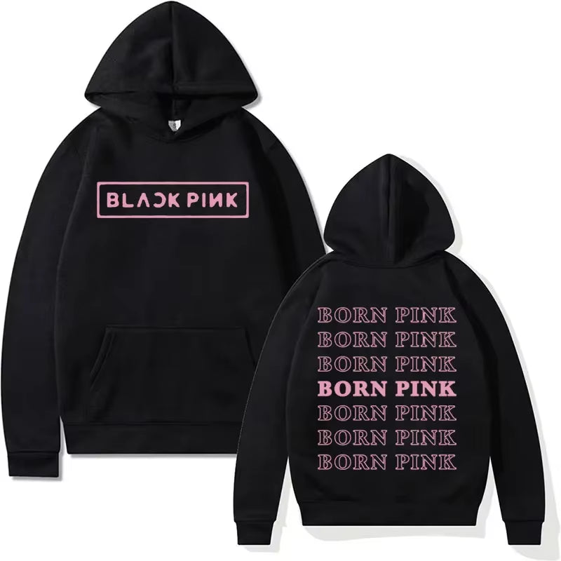 Black Pink Graphic Hoodie Men Fashion Aesthetic Harajuku Kpop Streetwear Y2K Clothes Sweatshirt Fall/Winter Fleece Pullover Male