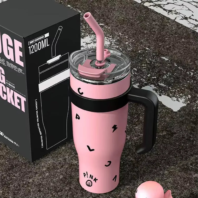 Kpop Black and Pink Water Bottle Stainless Steel Tumbler with Handle Straw Cup Portable Car Coffee Mug 1250Ml