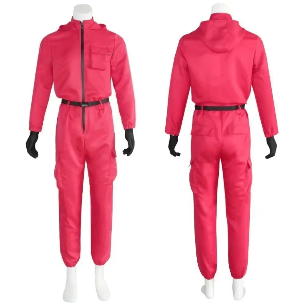 Squid Costumes Game Red Calamari Game Jumpsuit Cosplay Party Tracksuit Outfits Props Role Play Classic Belt Full Mask Set