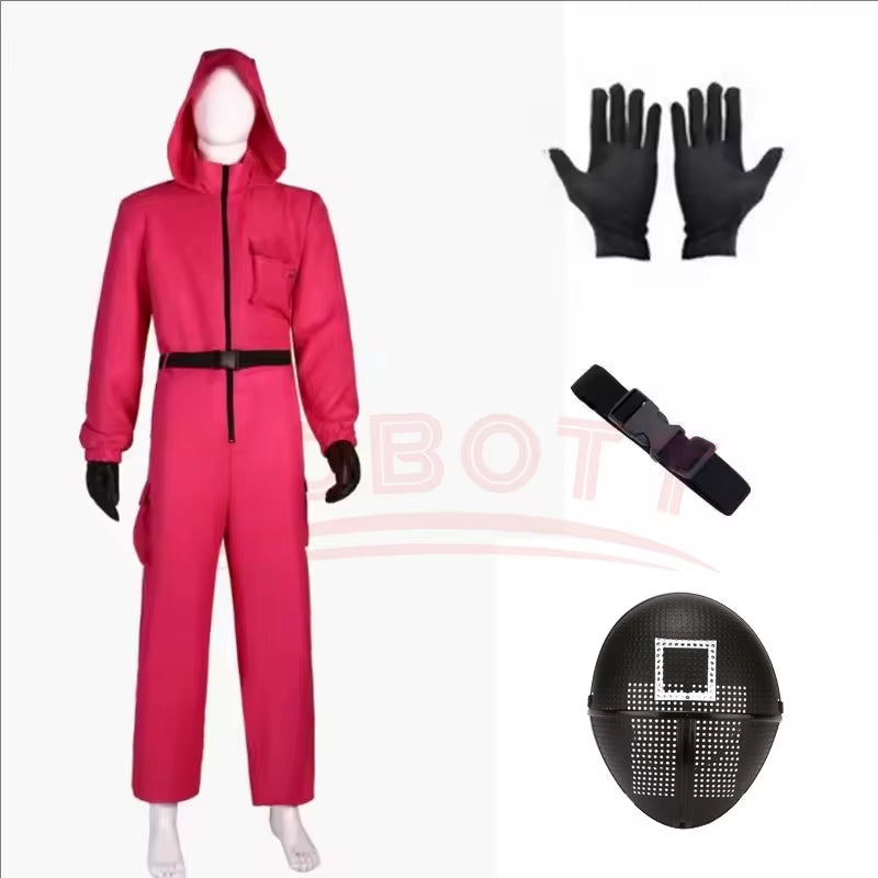 Squid Costumes Game Red Calamari Game Jumpsuit Cosplay Party Tracksuit Outfits Props Role Play Classic Belt Full Mask Set