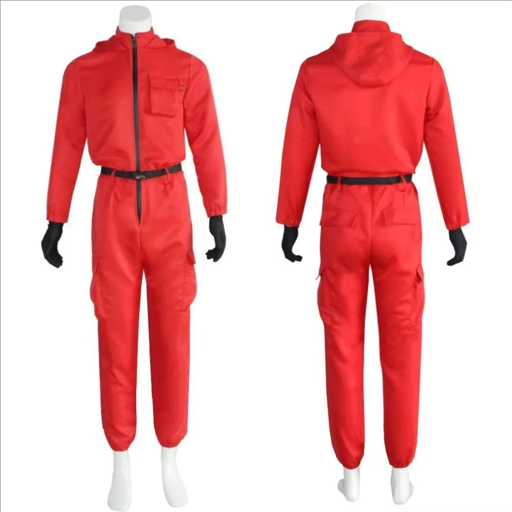 Squid Costumes Game Red Calamari Game Jumpsuit Cosplay Party Tracksuit Outfits Props Role Play Classic Belt Full Mask Set